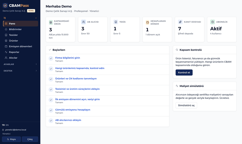 CBAMPass paneli, demo firmasının ana ekranı