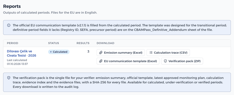 Reports screen: Excel summary, audit trail, EU template and verification pack