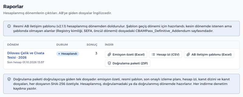 Raporlar ekranı: Excel özet, hesap izi, AB şablonu ve doğrulama paketi